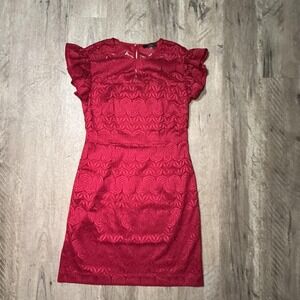 Red lace midi dress with ruffles and beading. Size: 10